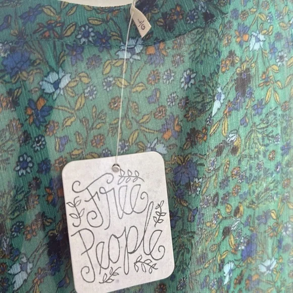 Free People Smocked Shoulder Midi Dress Green Floral Tiered Long Sleeve NWT - Picture 14 of 15